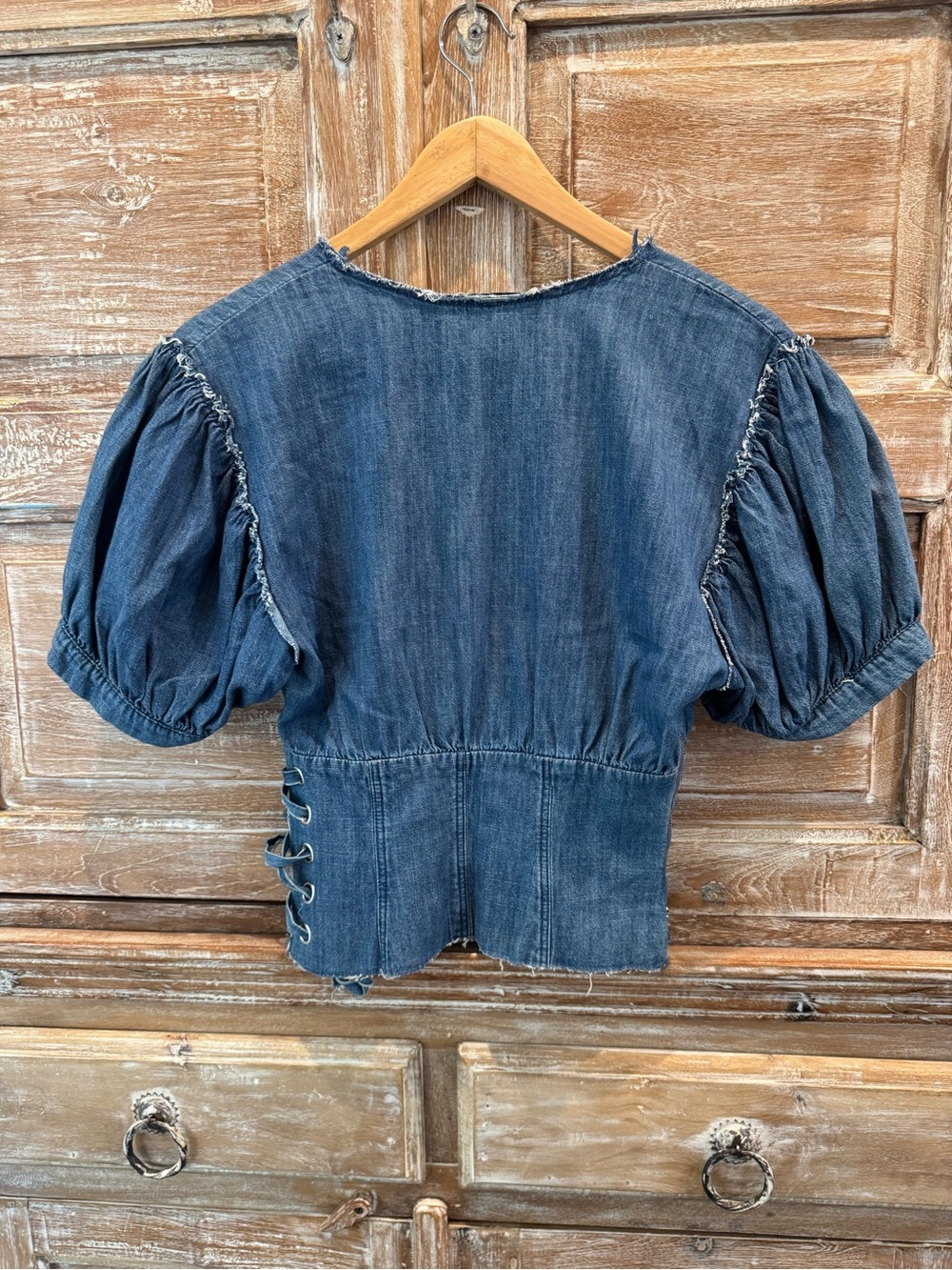 Zara Blue Denim V-Neck Puff Sleeve Top with Side Lace-Up Western Country - Picture 4 of 6
